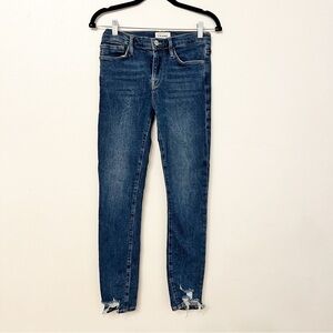 Frame stretch distressed hem skinny cropped jeans